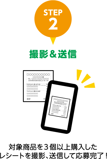 STEP2 撮影＆送信 対象商品を3個以上購入したレシートを撮影、送信して応募完了!